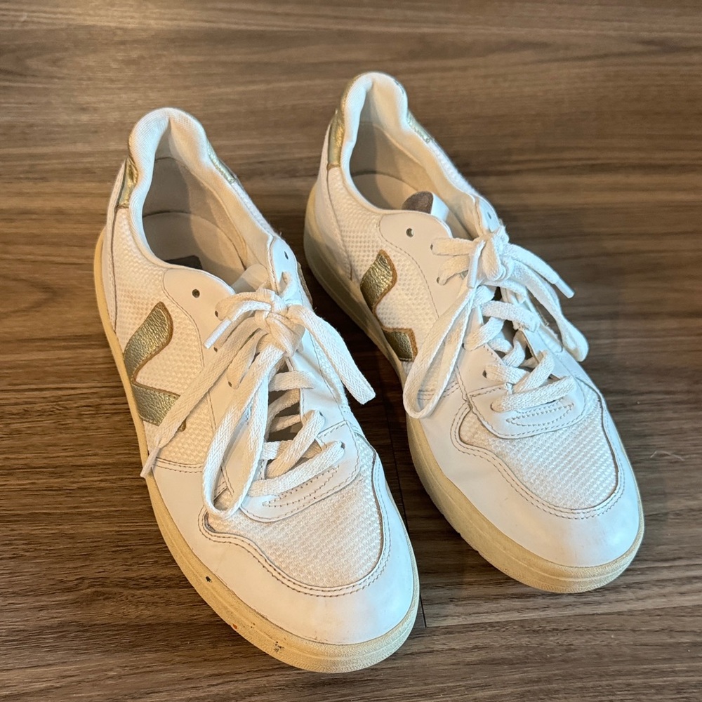 Veja White Sneakers with Gold Heel Accent